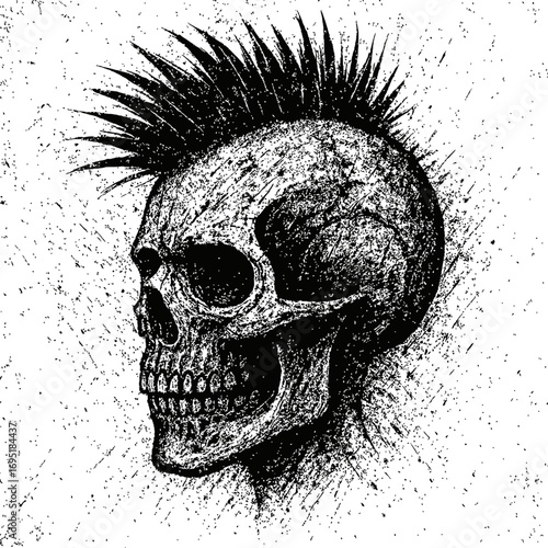 Gritty Black and White Punk Skull with Spiky Mohawk. Distressed Monochrome Illustration Capturing Rebel Spirit, Alternative Culture, Grunge Aesthetics. Perfect for T-Shirt Designs, Album Covers, Poste