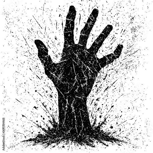 Distressed black hand bursts forth from chaotic grunge splatters, a stark monochrome symbol of desperate struggle, reaching for help or freedom, embodying resilience and raw artistic intensity, an imp