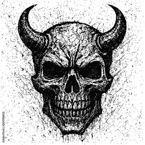 Distressed black and white horned skull, a menacing grunge demonic skeleton head with prominent curved horns, deep eye sockets. Ideal for dark art, heavy metal, gothic, horror, edgy occult designs, ta