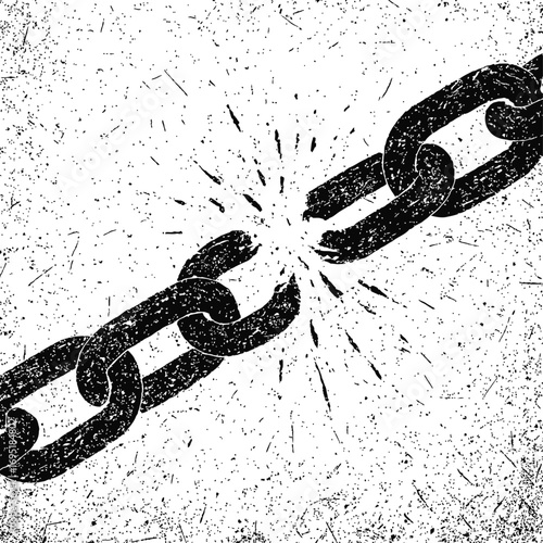 Black and white distressed grunge vector illustration of a powerful metal chain link breaking apart with explosive force, symbolizing freedom, liberation, escape, and the overcoming of obstacles, chal