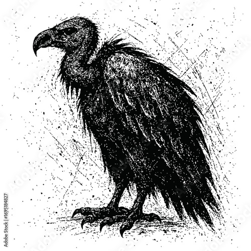 Striking Grayscale Vulture Artwork: A Detailed Black & White Grunge Illustration of a Majestic Scavenger Bird of Prey, Featuring Distressed Ink Textures & Splatters. Perfect for Edgy Wildlife Art Enth