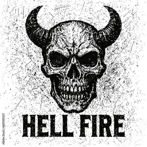 Distressed Grunge Horny Skull Design with HELL FIRE Text, Demon Devil Skeleton Head, Dark Gothic Heavy Metal Rock Punk Tattoo Artwork, Vintage Textured Graphic Illustration for Apparel & Merchandise.