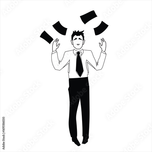 Angry Man Throwing Papers Line Art Vector Illustration for Work Frustration