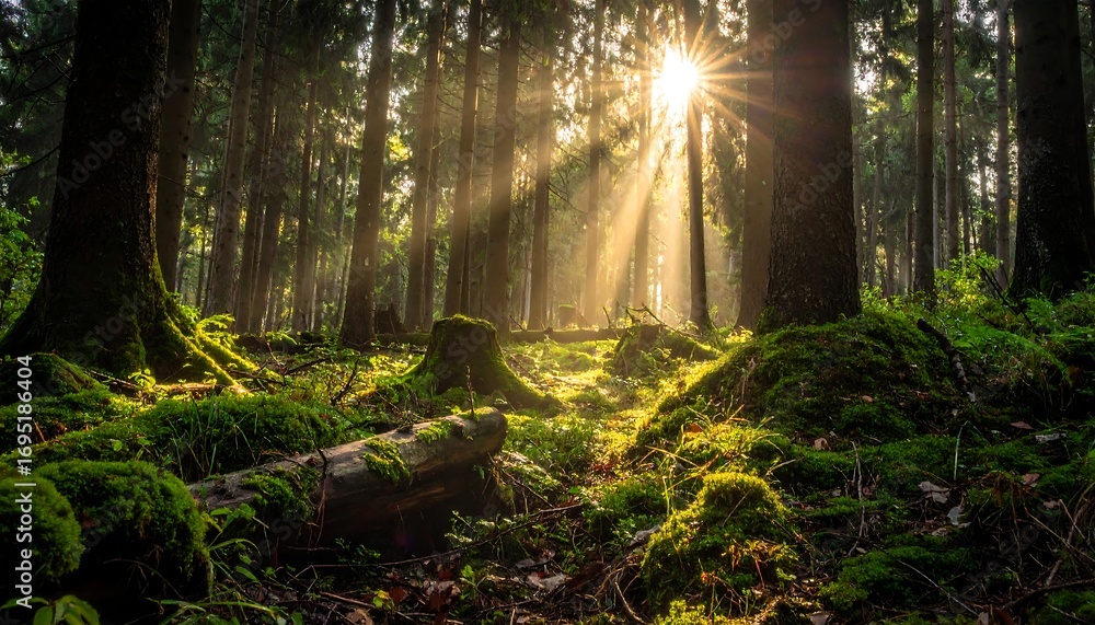 Obraz premium Sunbeams piercing a mossy forest floor