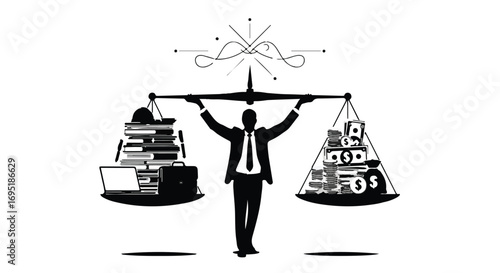 Businessman balancing career and financial success on scales, representing life choices and priorities.