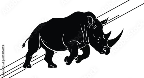 Powerful black rhinoceros silhouette charging forward with dynamic lines suggesting speed and strength