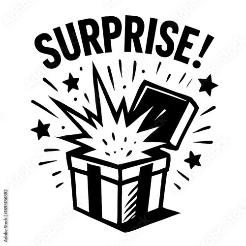 Exciting Surprise Gift Box Bursting with Joy and Festive Celebration Energy! Dynamic Black and White Retro Cartoon Graphic Icon Vector Illustration for Party Events, Unboxing Reveals, and Special Prom