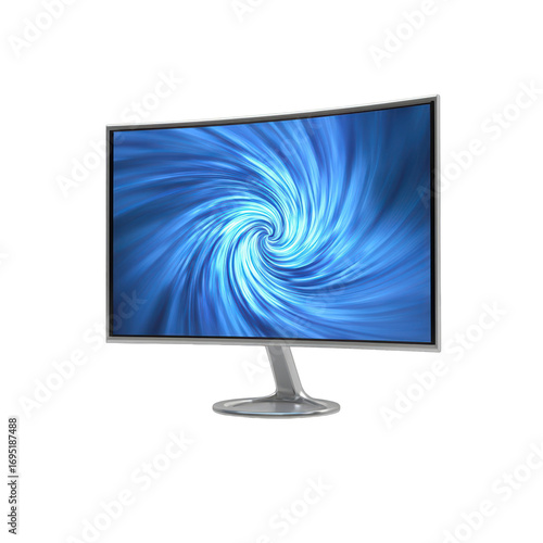 Modern curved monitor displaying a blue swirling vortex design, isolated on transparent background, perfect cutout, PNG