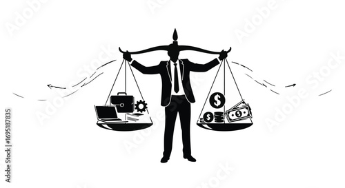 Businessman balancing work and money on scales, symbolizing life choices and priorities.