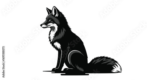 Elegant black fox with striking white markings sits calmly against a plain background.