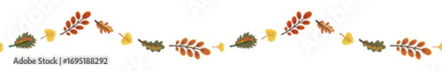 Autumn leaf garland seamless vector illustration. Thanksgiving decoration features various leaves in red, orange, yellow, and green hues arranged in a repeating pattern