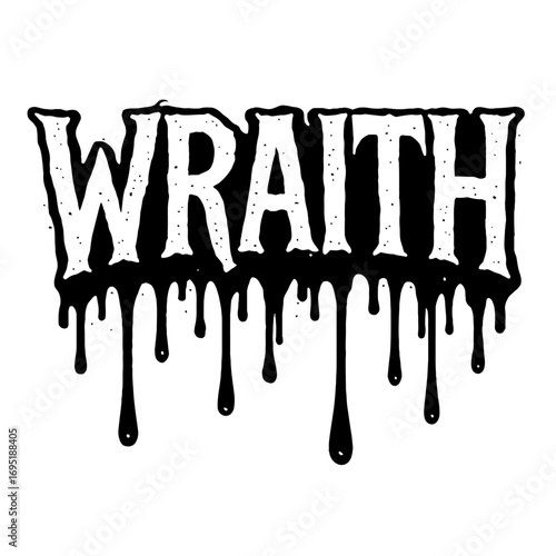 Menacing 'WRAITH' wordmark design with a dramatic black dripping effect, showcasing a distressed, gritty, and textured gothic font. Perfect for horror, heavy metal, Halloween, spooky, grunge, dark aes