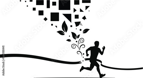 Silhouette of a runner breaking through a ribbon at the finish line, with abstract shapes and leaves emanating.