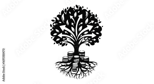 Tree of growth with money coins as roots and arrows pointing outwards symbolizing financial success