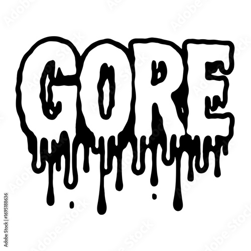 GORE dripping text, a black and white horror font illustration featuring melting letters, ideal for scary, spooky, and macabre graphic designs, perfect for Halloween, metal bands, grunge apparel, and 