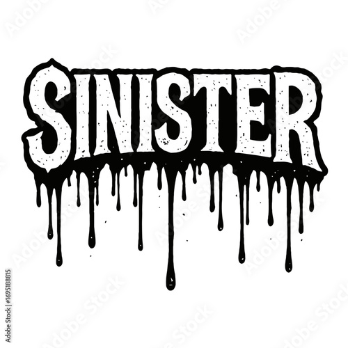 Sinister Dripping Font, black and white horror style with grunge texture and ink drips. Perfect for spooky designs, Halloween, band merch, apparel, dark art projects, creating edgy, malevolent look.