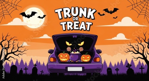 Spooky Trunk or Treat Scene with Car, Pumpkins, and Graveyard