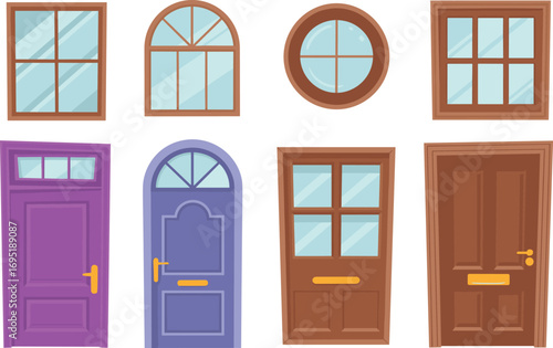 Explore a diverse collection of architectural elements various windows and doors in distinct shapes, colors, and designs for building aesthetics