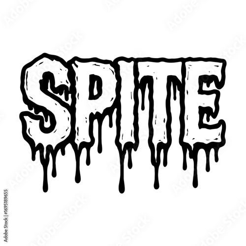 Grungy 'SPITE' Word Art with Heavy Black Drips and Goth-Inspired Meltdown Typography. Bold, Ominous, and Horror-Themed Lettering Perfect for Merchandise, Album Covers, and Dark Aesthetic Designs.