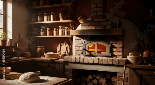 Rustic Interior Displaying A Warmly Lit Brick Oven and Culinary Preparation Area