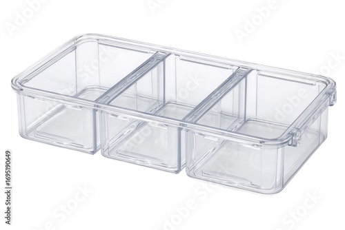 Clear plastic three-compartment organizer on white