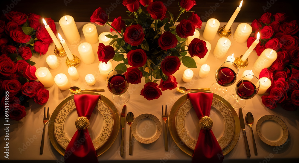 Naklejka premium Romantic Dinner Setting Surrounded by Red Roses and Candlelight for a Special Occasion
