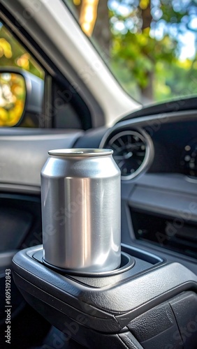 Empty metal can in car cup holder