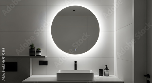 Round Bathroom Mirror Illuminated with Elegant Lighting in Modern Interior