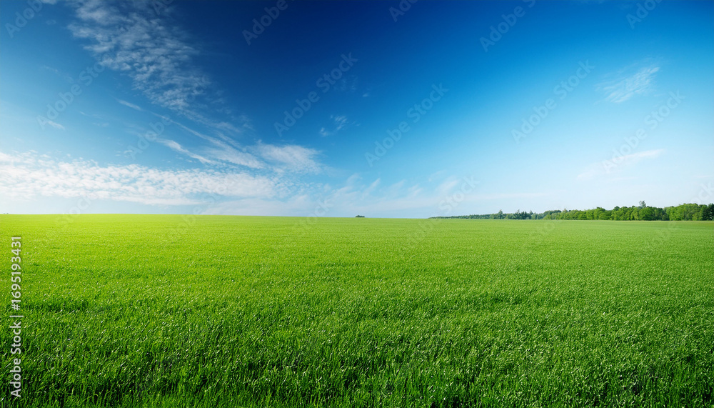 Fototapeta premium Lush Green Grass Stretches Endlessly Under A Clear Blue Sky
