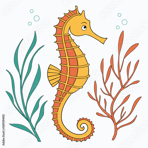 A seahorse with seaweed in cartoon style