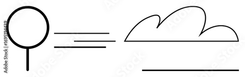 Minimalist magnifying glass with motion lines pointing to a cloud. Ideal for search, internet, cloud storage, research, connection, speed, and technology concepts. A simple flat metaphor