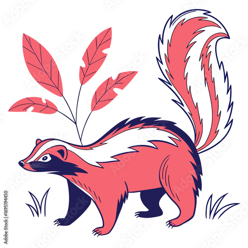 Cute skunk walking with plants and a bushy tail
