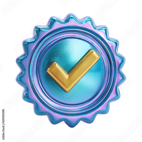 Gold checkmark in iridescent blue badge approval success, isolated on transparent background, perfect cutout, PNG