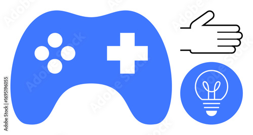Blue game controller, outlined hand gesture, and light bulb icon represent gaming, interaction, innovation, creativity, teamwork, education and entertainment. Ideal for apps tech or a simple