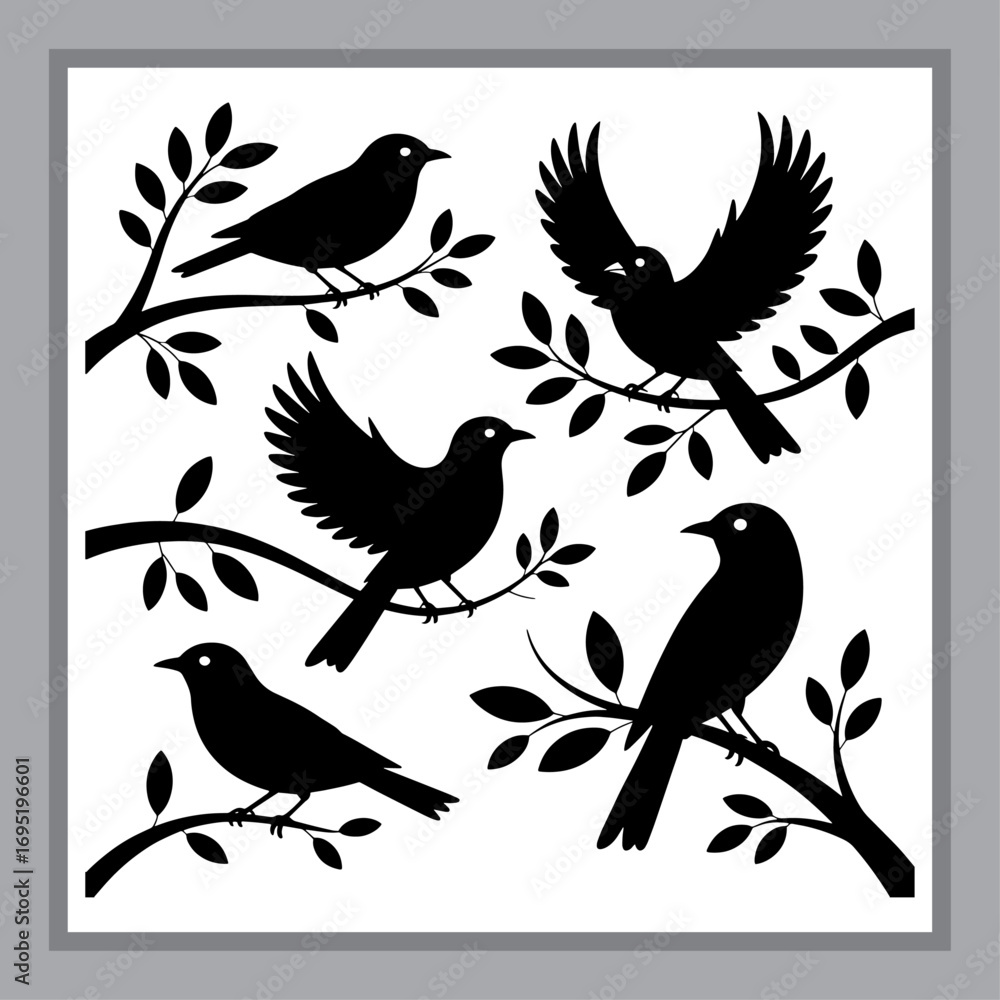 Fototapeta premium Charming Silhouettes of Birds on Branches A Serene and Elegant Design