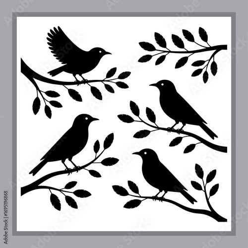 Wallpaper Mural silhouette, birds, tree, winter, black and white, nature, branch, art, graphic, illustration, wildlife, design, minimalist, monochrome, avian, ornithology, pattern, seasonal, drawing, vector, fauna Torontodigital.ca
