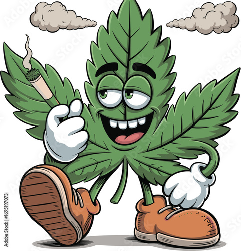 Art & IllustrationCartoon marijuana leaf character, smoking joint, funny weed illustration, stoner mascot, cannabis leaf with shoes, high cartoon, vector art