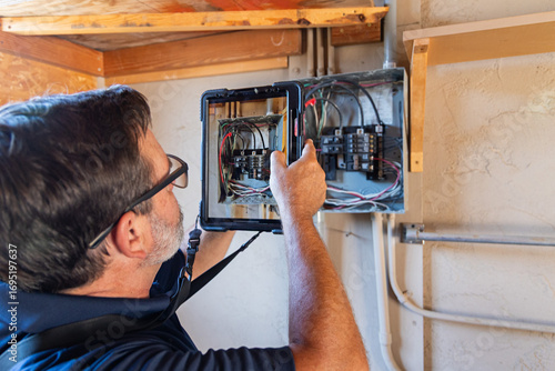 a home inspector checking an old electrical panel, inspection, 