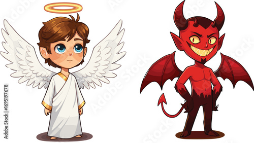 Art & IllustrationCute cartoon angel and devil characters, fantasy illustration for kids, good vs evil concept, heaven and hell, spiritual symbols