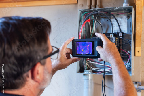 home inspector taking infrared thermography camera pictures of an electrical panel