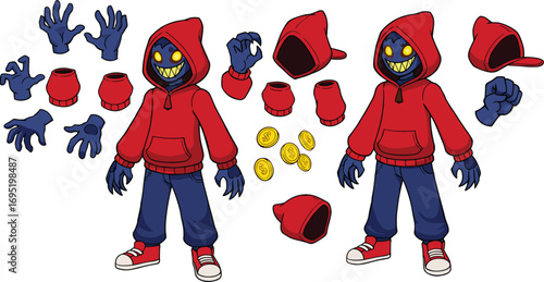 Art & IllustrationEvil cartoon character in red hoodie, animated villain sprite sheet, expressive poses, dark blue skin, glowing eyes, gaming asset