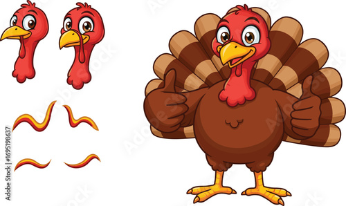 Art & IllustrationFunny cartoon turkeys set, Thanksgiving birds illustration, thumbs up turkey character, autumn holiday mascot, editable turkey design elements