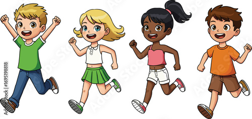 Art & IllustrationHappy cartoon children running together outdoors, kids having fun, group of diverse boys and girls playing, joyful active lifestyle scene