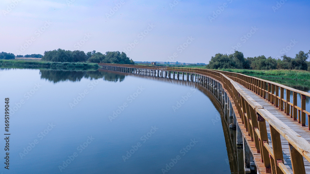 Obraz premium View of the wooden walkways over the water in the Tablas de Daimiel Natural Park (Ciudad Real, Spain)