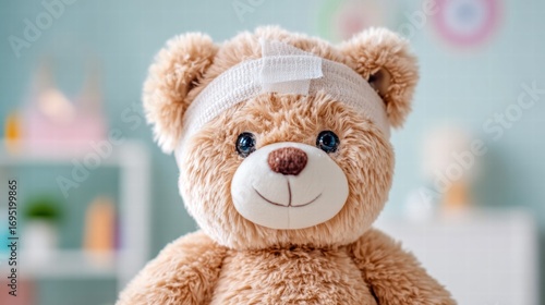 A cute teddy bear is wearing a bandage on its head, looking friendly and adorable.