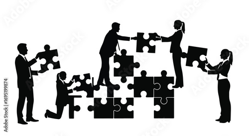 Diverse team collaborating to build a complex puzzle, symbolizing strategy and unity in business.