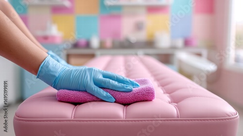 Person wearing blue gloves cleaning a pink massage table with a purple towel in a spa.