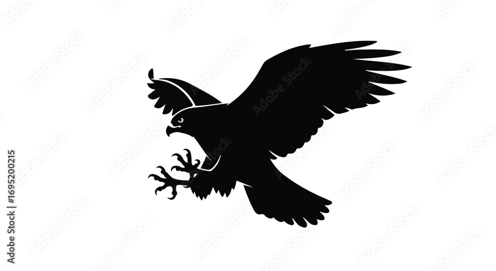 Fototapeta premium Majestic black eagle silhouette soaring with wings spread wide against a white background
