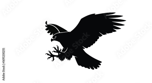 Majestic black eagle silhouette soaring with wings spread wide against a white background