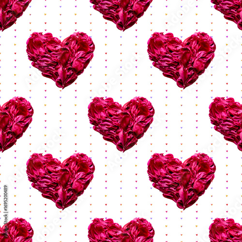 Beautiful seamless pattern of red peony petal hearts on a clean white background. Perfect for Valentine's Day, romantic textiles, gift wrapping, wedding decor and creative design projects.